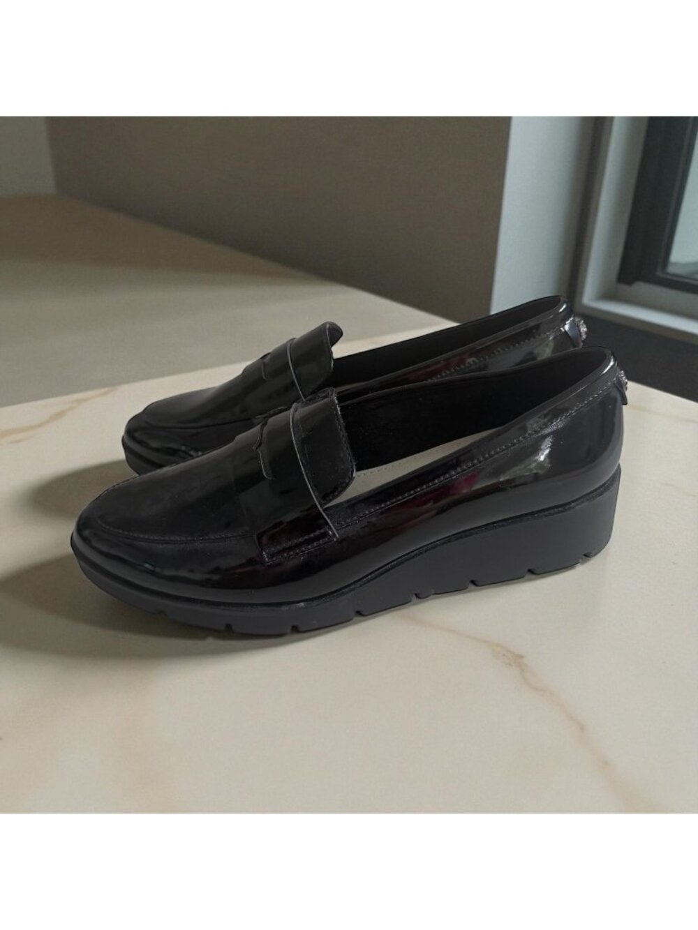 ANNE KLEIN Black Patent Dress Wedges Loafers Size 6.5